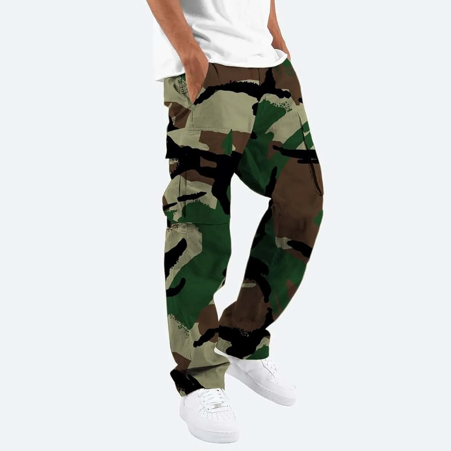 Men's Cotton Hiking Tactical Pants Trousers Drawstring Stretch Elastic Waist Lightweight Outdoor Hiking Pants with Pockets