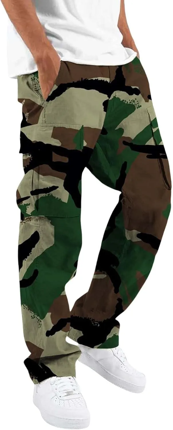 Men's Cotton Hiking Tactical Pants Trousers Drawstring Stretch Elastic Waist Lightweight Outdoor Hiking Pants with Pockets