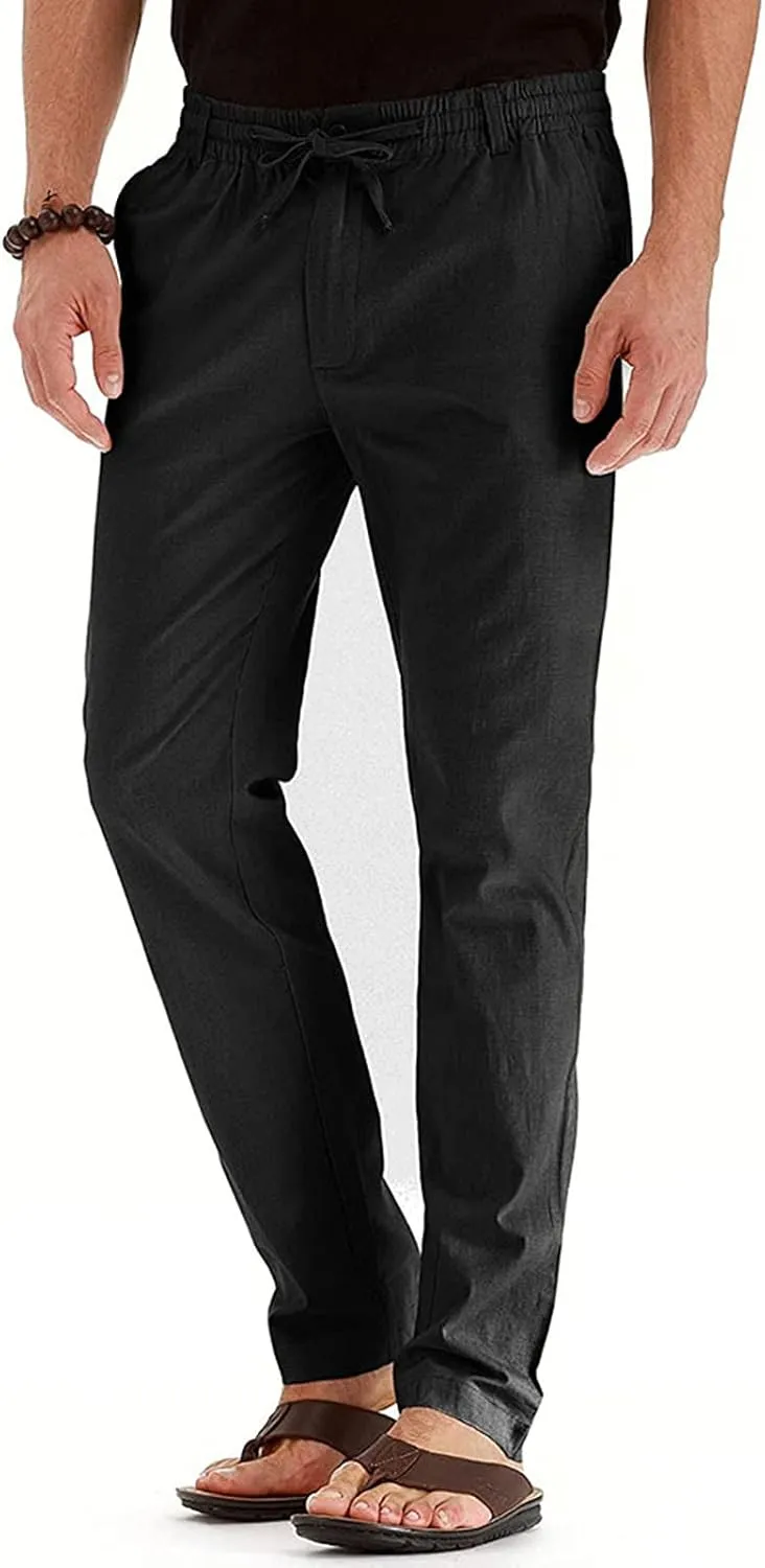 Men's Cotton Linen Pants Elastic Waist Drawstring Casual Trouser Lightweight Straight Leg Loose Fit Beach Trouser