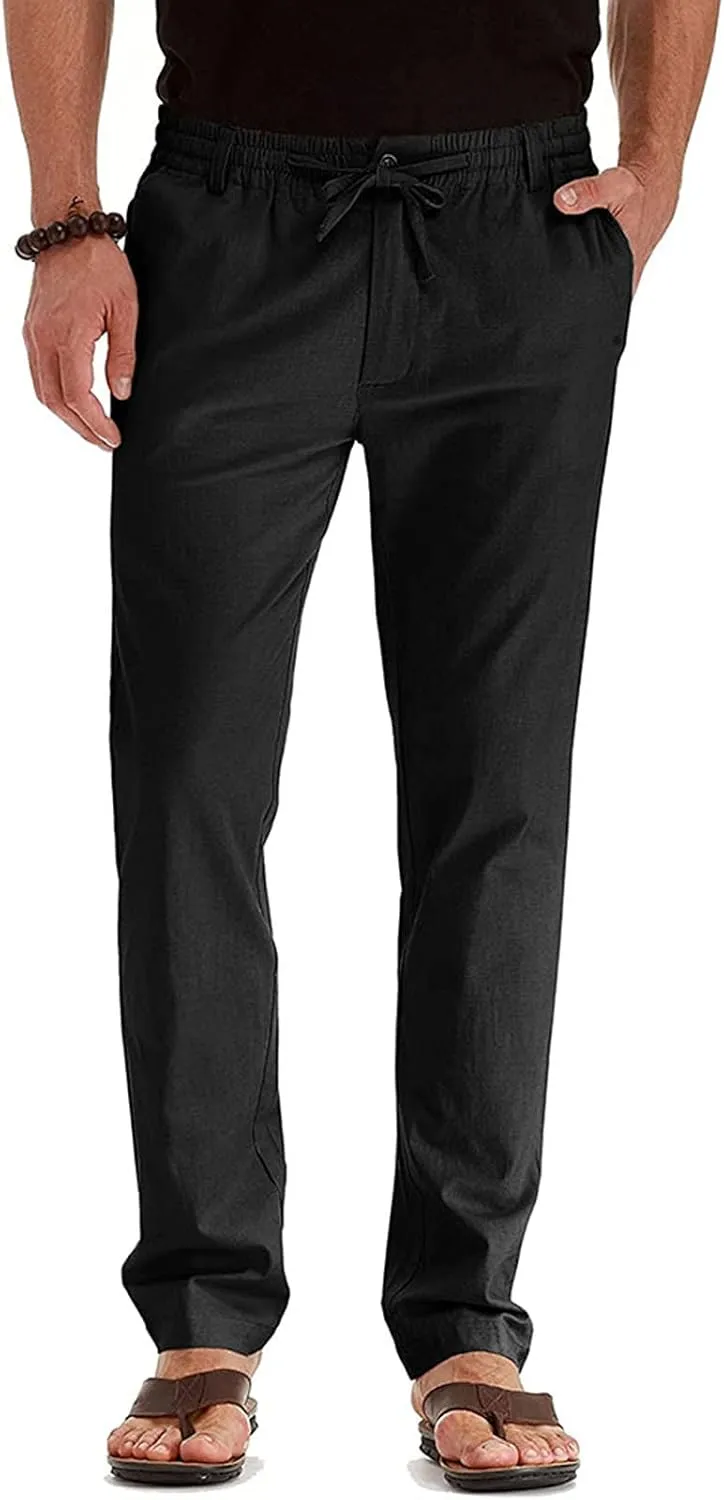 Men's Cotton Linen Pants Elastic Waist Drawstring Casual Trouser Lightweight Straight Leg Loose Fit Beach Trouser