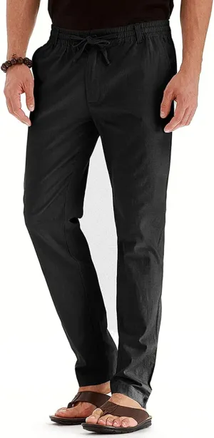 Men's Cotton Linen Pants Elastic Waist Drawstring Casual Trouser Lightweight Straight Leg Loose Fit Beach Trouser