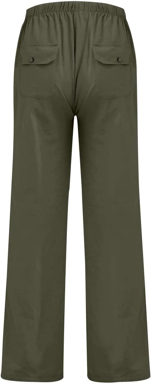 Men's Cotton Linen Pants Elastic Waist Drawstring Sweatpants with Pockets Casual Joggers Summer Beach Trousers