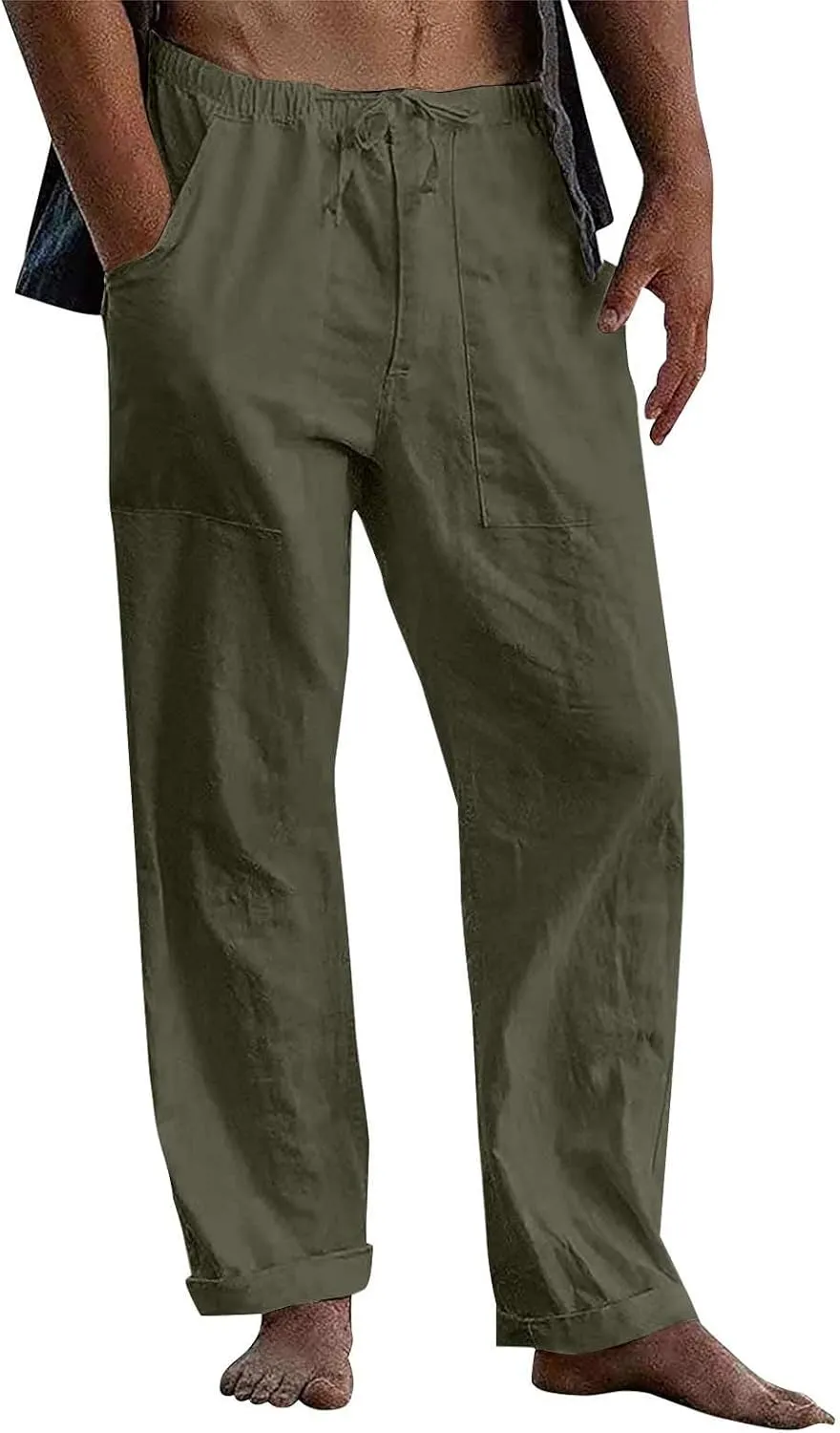 Men's Cotton Linen Pants Elastic Waist Drawstring Sweatpants with Pockets Casual Joggers Summer Beach Trousers