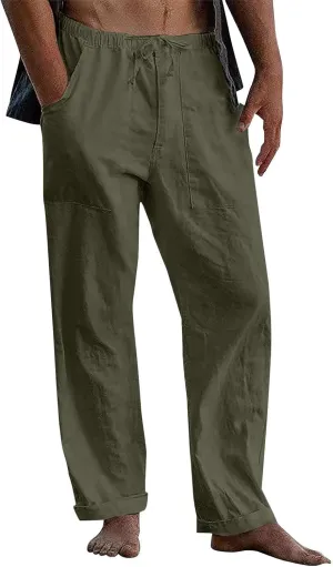 Men's Cotton Linen Pants Elastic Waist Drawstring Sweatpants with Pockets Casual Joggers Summer Beach Trousers