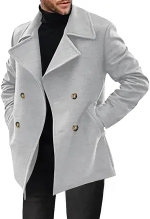 Men's Double Breasted Trench Coats Casual Lapel Collars Trendy Y2K Turtle Neck Fleece Lined Sherpa Windbreaker Jackets