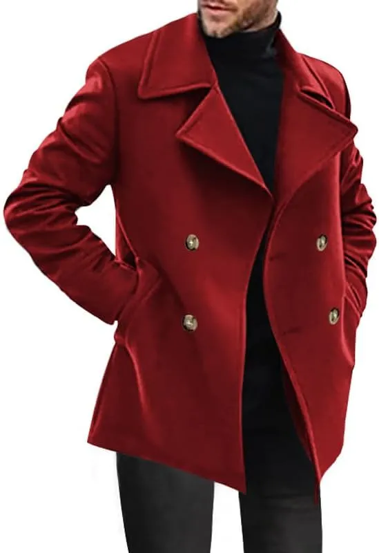 Men's Double Breasted Trench Coats Casual Lapel Collars Trendy Y2K Turtle Neck Fleece Lined Sherpa Windbreaker Jackets