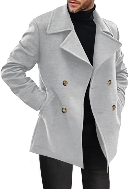 Men's Double Breasted Trench Coats Casual Lapel Collars Trendy Y2K Turtle Neck Fleece Lined Sherpa Windbreaker Jackets