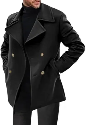 Men's Double Breasted Trench Coats Casual Lapel Collars Trendy Y2K Turtle Neck Fleece Lined Sherpa Windbreaker Jackets