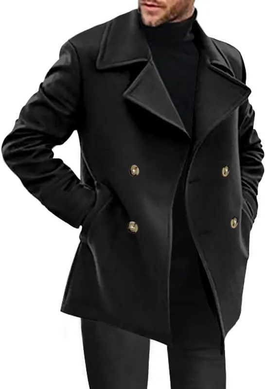 Men's Double Breasted Trench Coats Casual Lapel Collars Trendy Y2K Turtle Neck Fleece Lined Sherpa Windbreaker Jackets