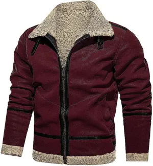 Mens Faux Fur Suede Leather Coat Sherpa Lined Fleece Shearling Jacket Thickened Warm Outwear Full Zip Up for Fall Winter