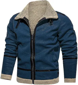 Mens Faux Fur Suede Leather Coat Sherpa Lined Fleece Shearling Jacket Thickened Warm Outwear Full Zip Up for Fall Winter