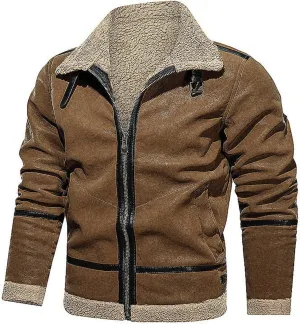 Mens Faux Fur Suede Leather Coat Sherpa Lined Fleece Shearling Jacket Thickened Warm Outwear Full Zip Up for Fall Winter