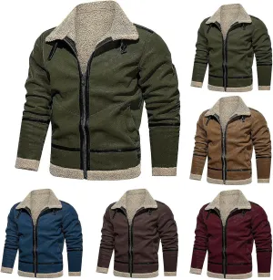 Mens Faux Fur Suede Leather Coat Sherpa Lined Fleece Shearling Jacket Thickened Warm Outwear Full Zip Up for Fall Winter