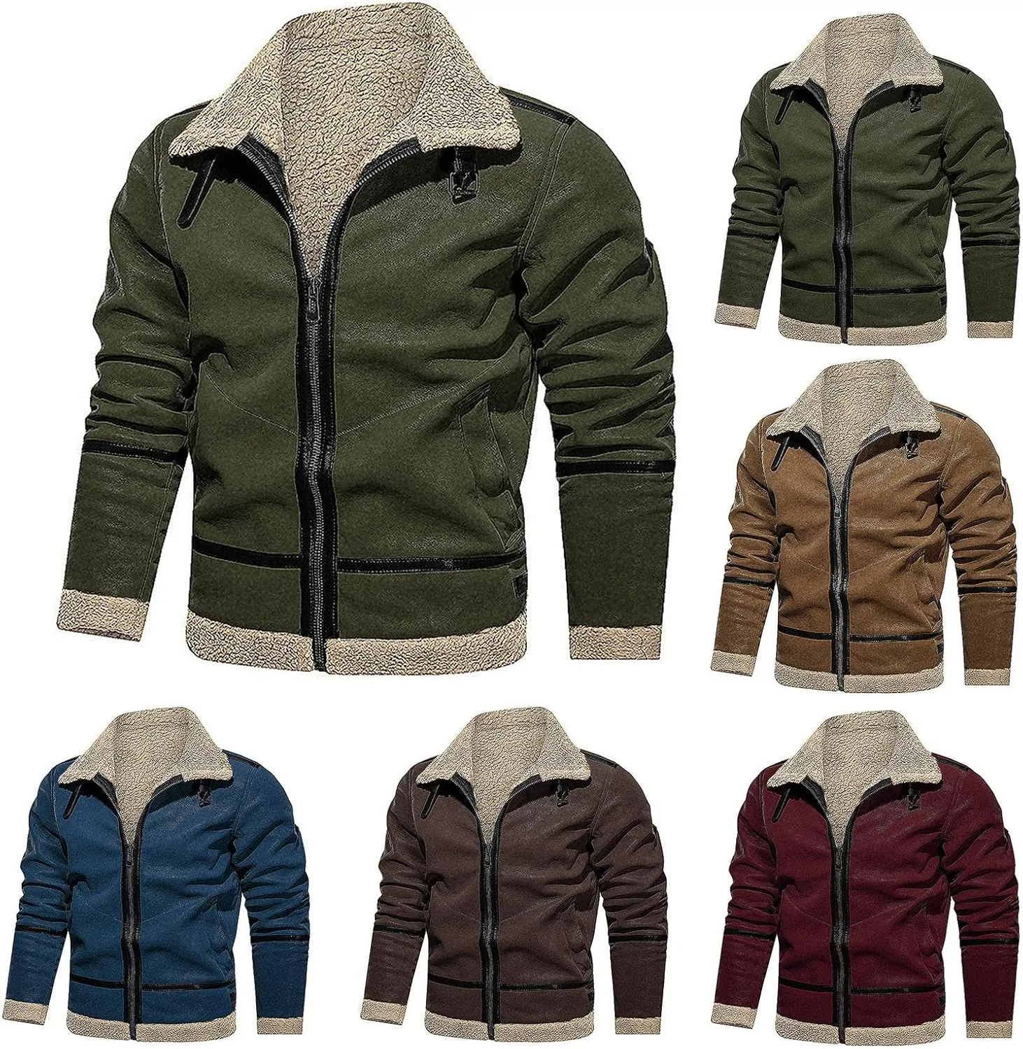 Mens Faux Fur Suede Leather Coat Sherpa Lined Fleece Shearling Jacket Thickened Warm Outwear Full Zip Up for Fall Winter