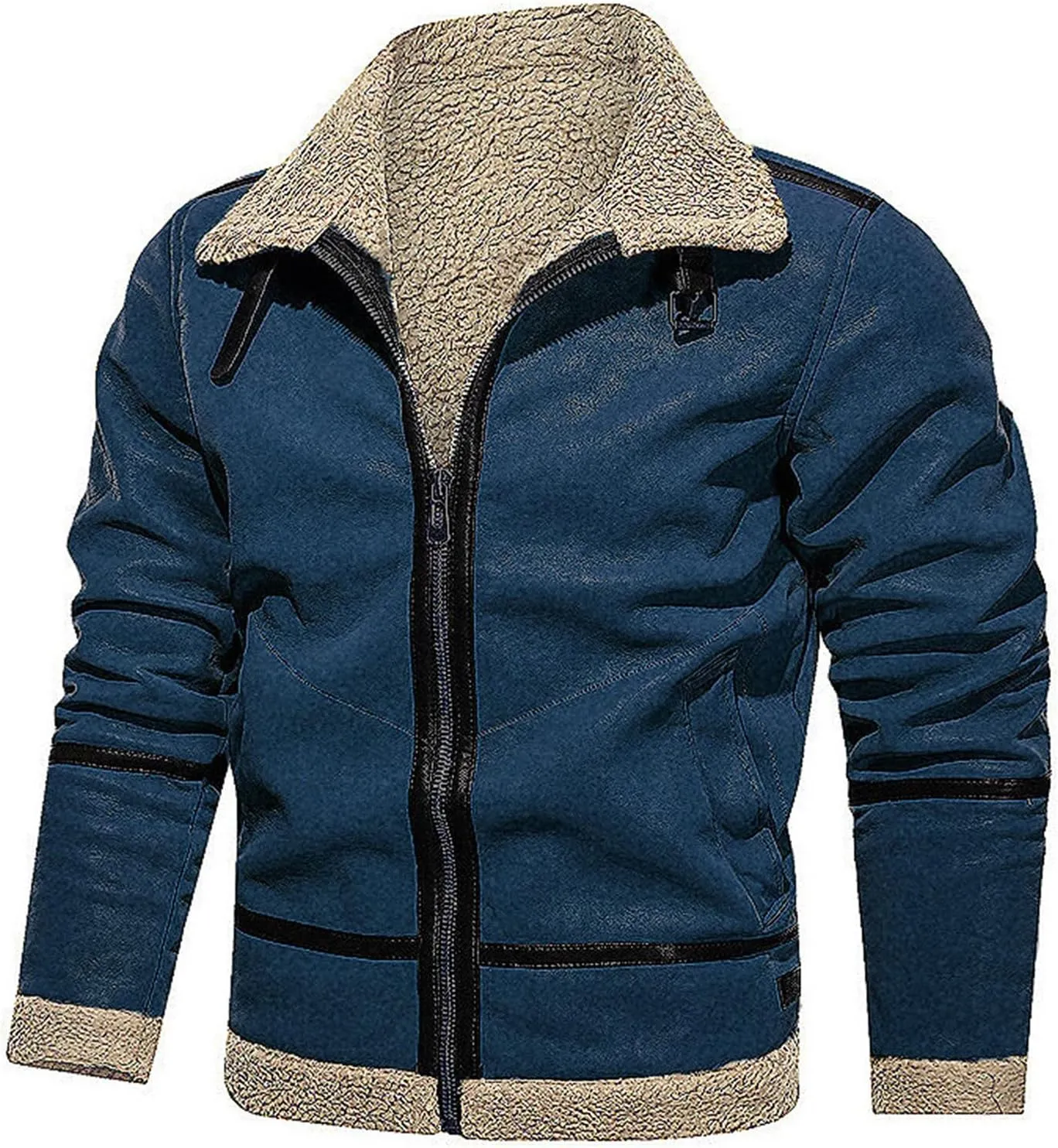 Mens Faux Fur Suede Leather Coat Sherpa Lined Fleece Shearling Jacket Thickened Warm Outwear Full Zip Up for Fall Winter