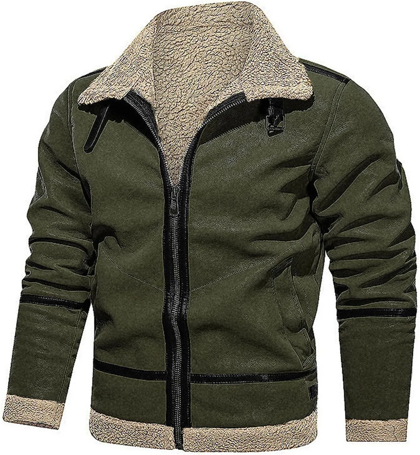 Mens Faux Fur Suede Leather Coat Sherpa Lined Fleece Shearling Jacket Thickened Warm Outwear Full Zip Up for Fall Winter