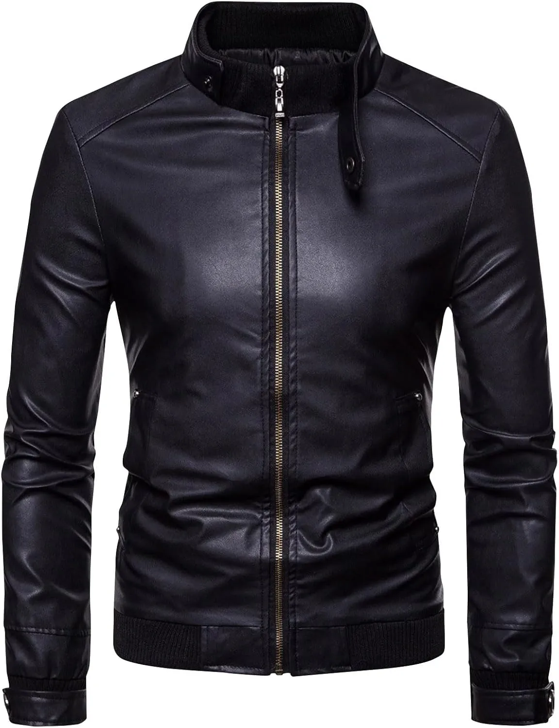 Mens Faux Leather Slim Fit Jacket Black PU Leather Motorcycle Jacket Long Sleeve Full Zipper Biker Jacket
