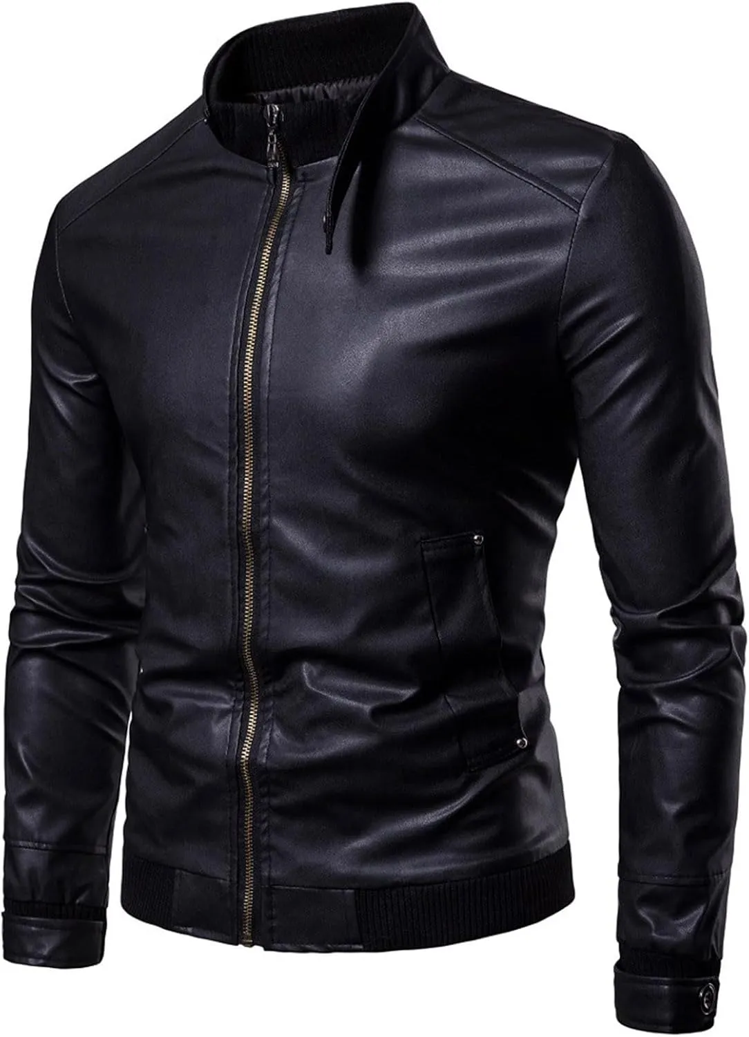 Mens Faux Leather Slim Fit Jacket Black PU Leather Motorcycle Jacket Long Sleeve Full Zipper Biker Jacket