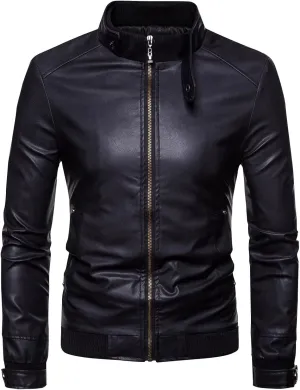 Mens Faux Leather Slim Fit Jacket Black PU Leather Motorcycle Jacket Long Sleeve Full Zipper Biker Jacket
