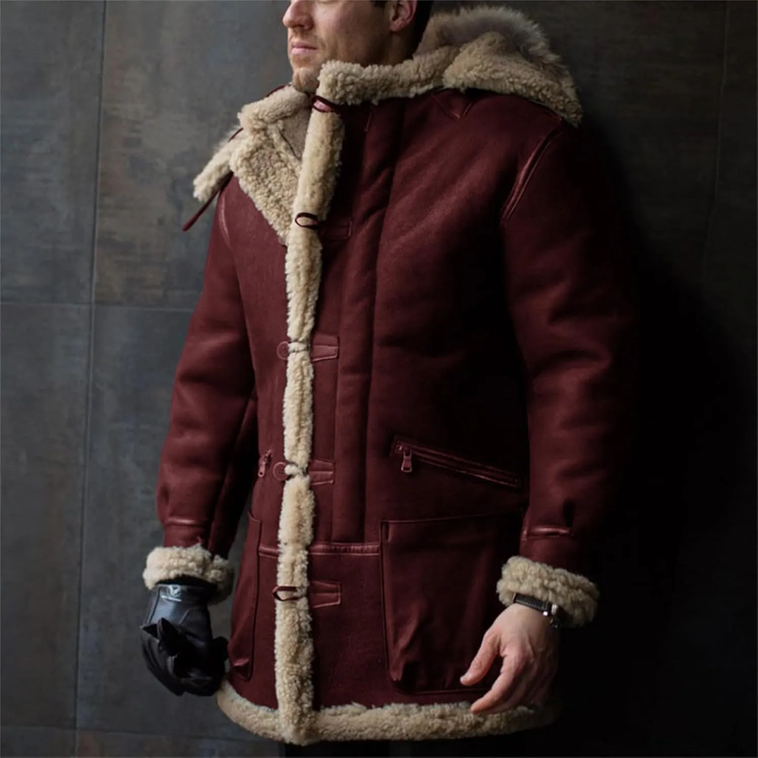 Mens Faux Suede Mid Length Overcoat Thick Fluffy Jacket Sherpa Lined Fleece Sheepskin Pea Coat Trench Coat with Pockets