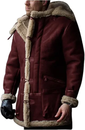Mens Faux Suede Mid Length Overcoat Thick Fluffy Jacket Sherpa Lined Fleece Sheepskin Pea Coat Trench Coat with Pockets