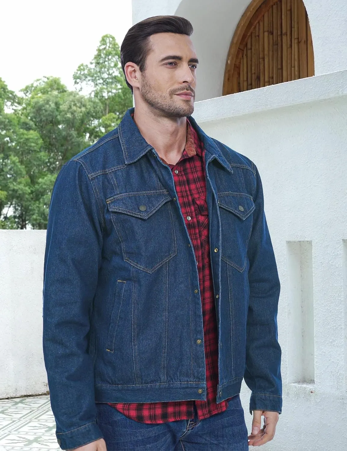 Men's Flannel Lined Denim Jackets Cowboy Cut Western Vintage Rugged Jean Trucker Jacket with Pockets