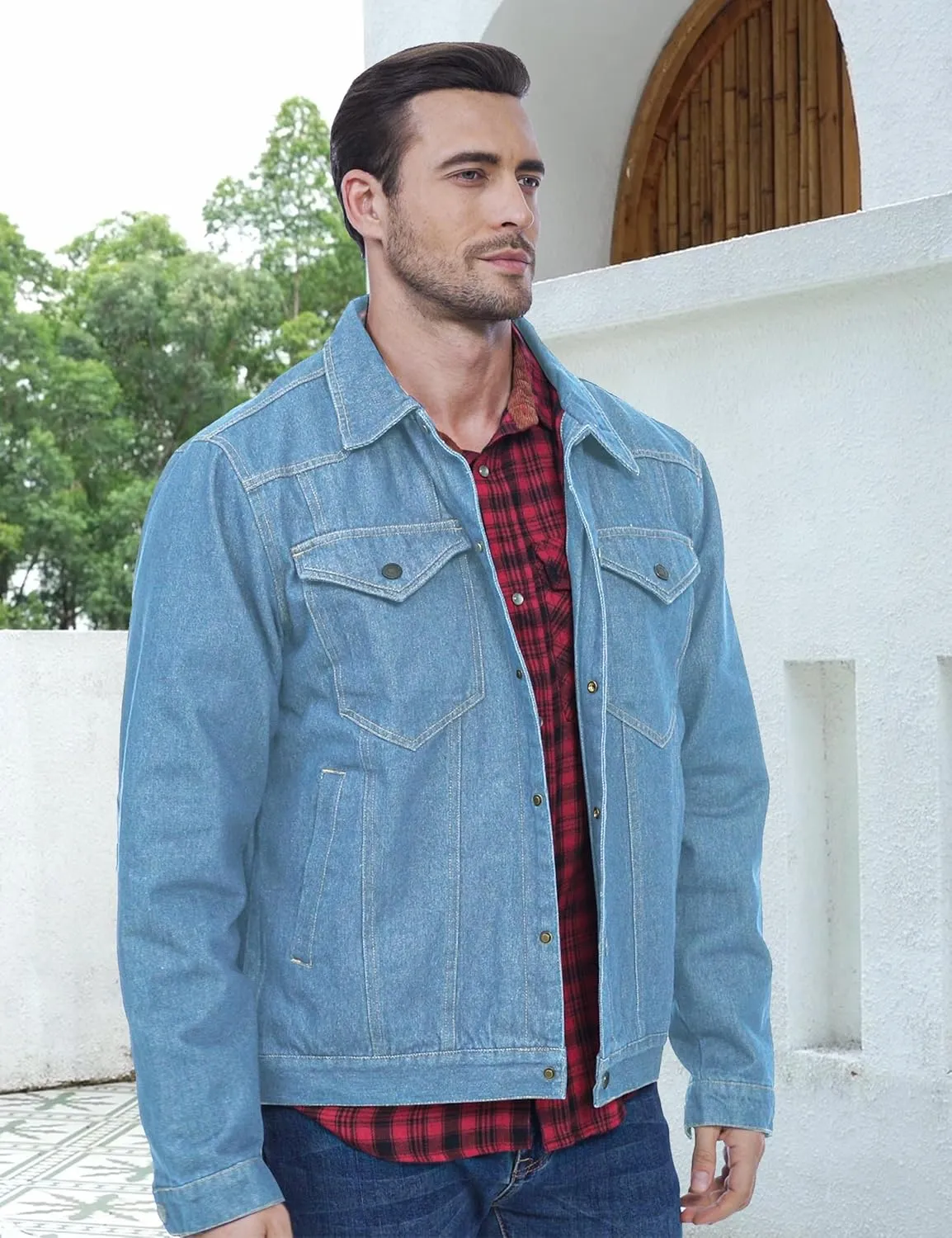 Men's Flannel Lined Denim Jackets Cowboy Cut Western Vintage Rugged Jean Trucker Jacket with Pockets