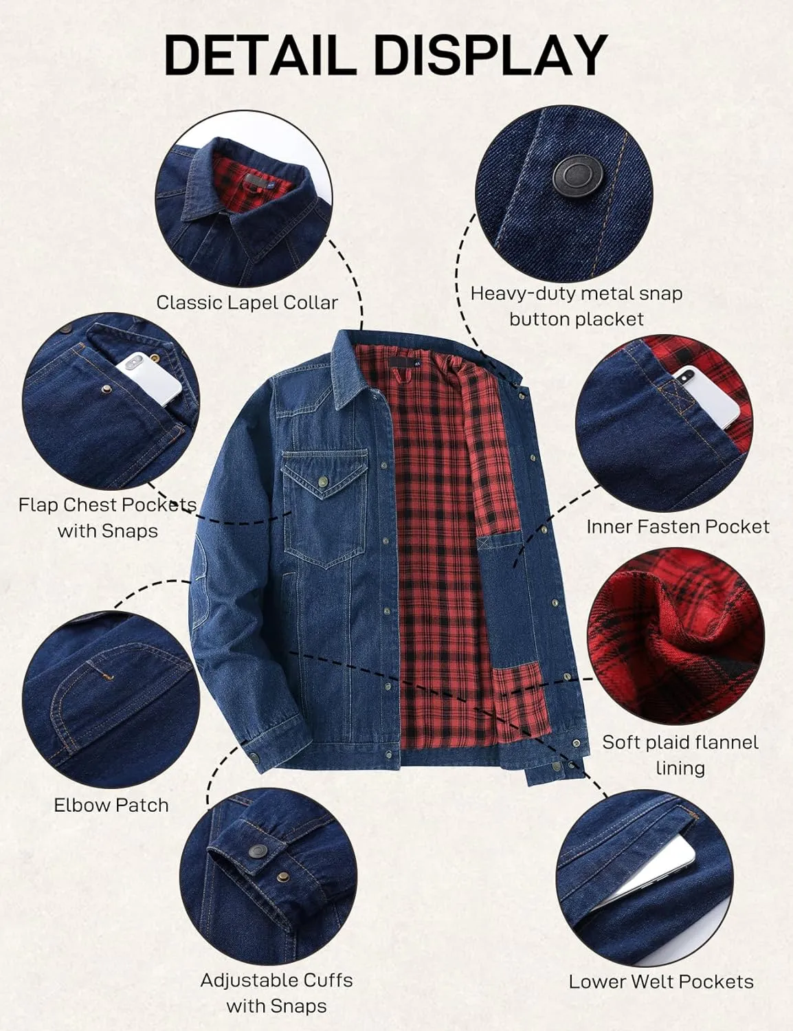 Men's Flannel Lined Denim Jackets Cowboy Cut Western Vintage Rugged Jean Trucker Jacket with Pockets