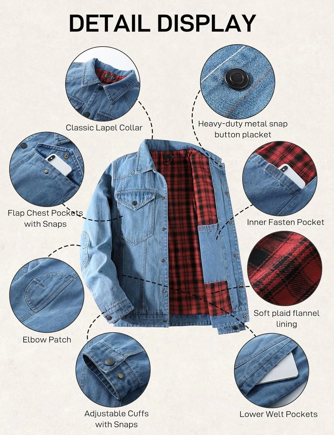 Men's Flannel Lined Denim Jackets Cowboy Cut Western Vintage Rugged Jean Trucker Jacket with Pockets