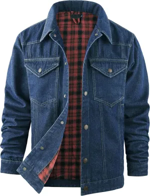Men's Flannel Lined Denim Jackets Cowboy Cut Western Vintage Rugged Jean Trucker Jacket with Pockets