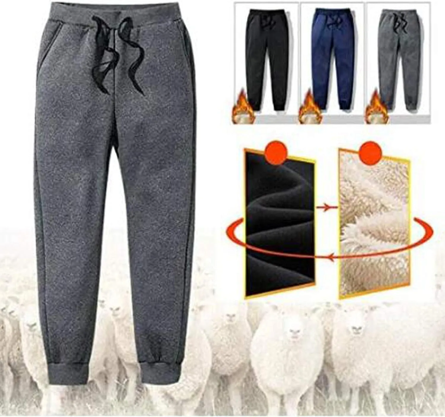 Men's Fleece Pants Winter Warm Joggers Trousers Active Sherpa Lined Sweatpants Straight Leg Pants with Pockets
