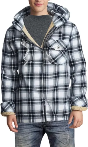 Men's Full Zip Fleece Flannel Jacket Hooded Flannel Shirt Jacket Lined Sherpa Fleece Warmth for Fall Winter Cozy Outerwear