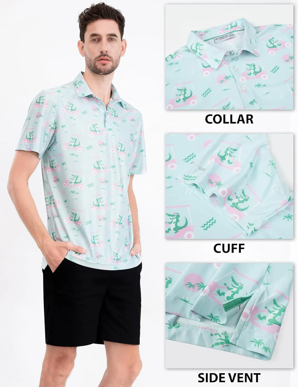 Men's Golf Shirts Short Sleeve Moisture Wicking Print Patterns Collared Performance Polo Golf Shirts for Men Dry Fit