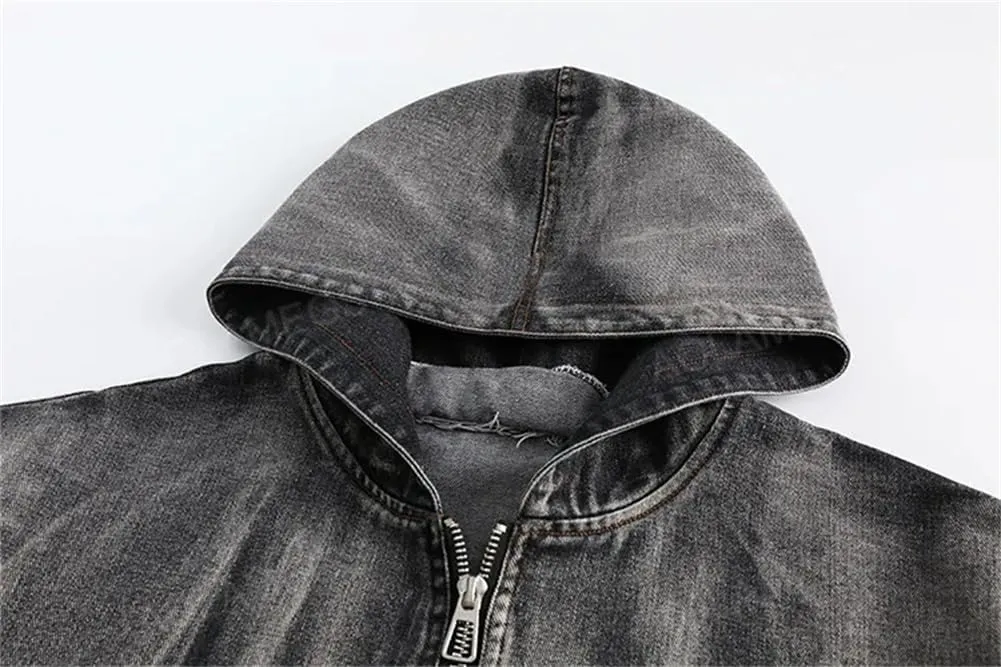 Mens Gradient Old Washed Hood Denim Jackets Rib Sleeve Zipper Hoodies Jacket Oversized Streetwear