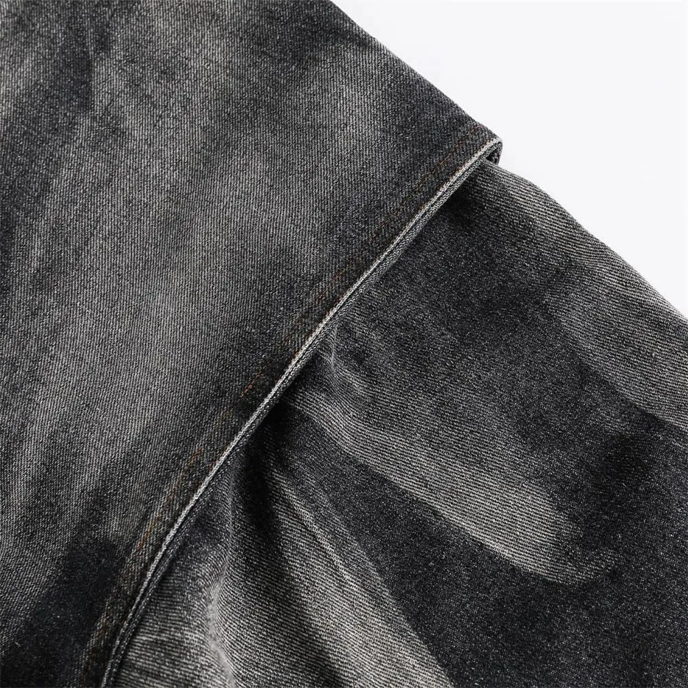 Mens Gradient Old Washed Hood Denim Jackets Rib Sleeve Zipper Hoodies Jacket Oversized Streetwear