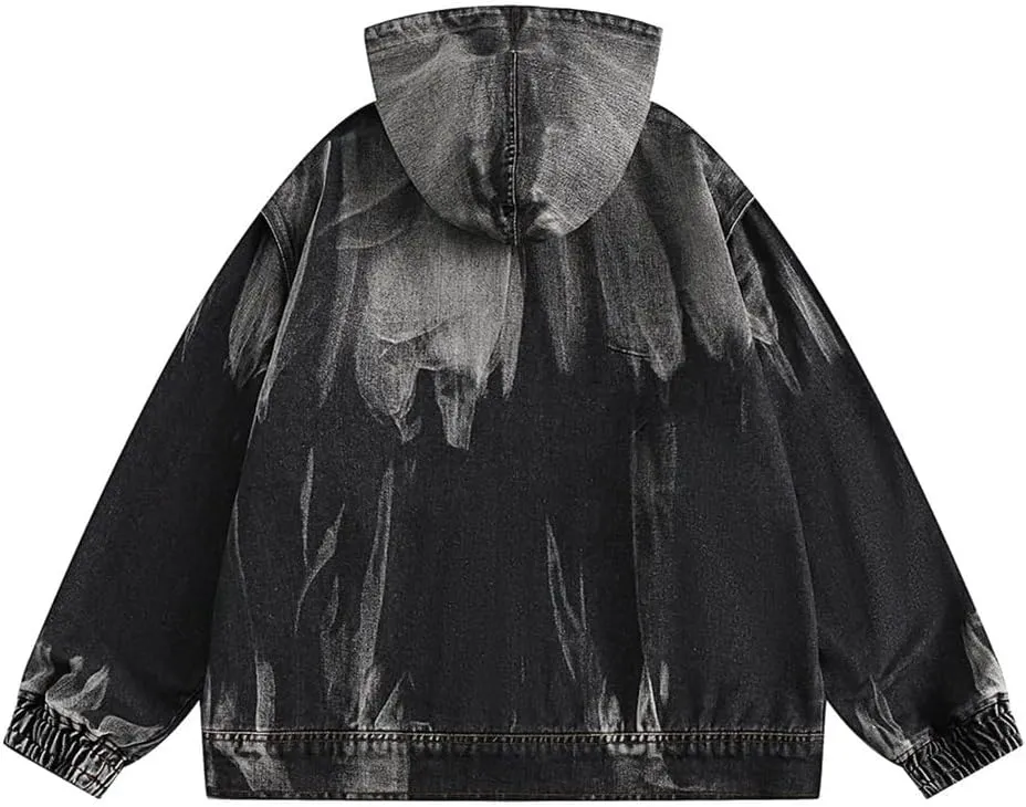 Mens Gradient Old Washed Hood Denim Jackets Rib Sleeve Zipper Hoodies Jacket Oversized Streetwear