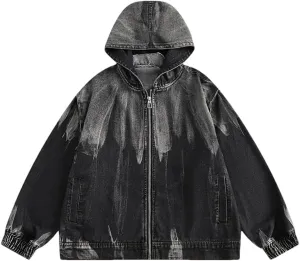Mens Gradient Old Washed Hood Denim Jackets Rib Sleeve Zipper Hoodies Jacket Oversized Streetwear