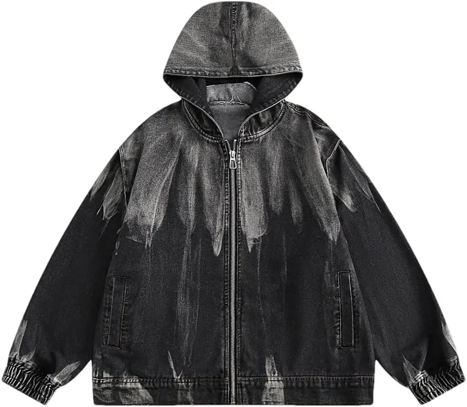 Mens Gradient Old Washed Hood Denim Jackets Rib Sleeve Zipper Hoodies Jacket Oversized Streetwear