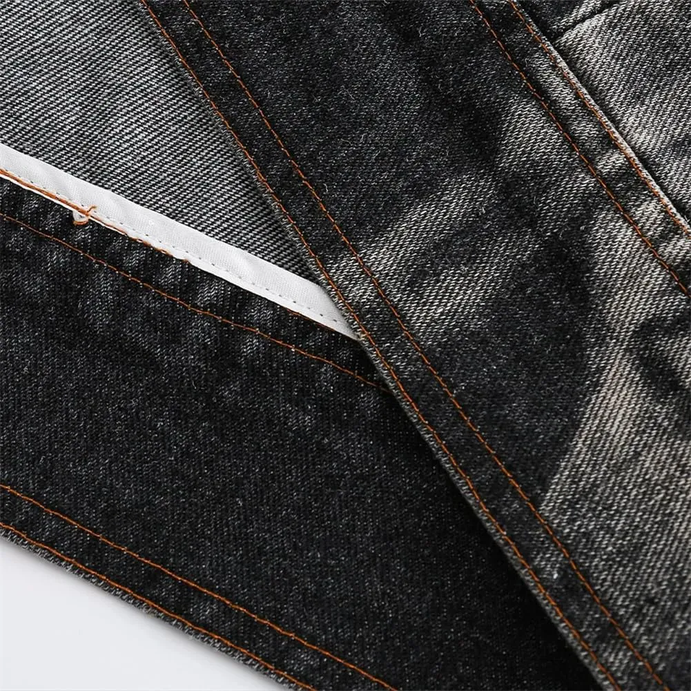 Mens Gradient Old Washed Hood Denim Jackets Rib Sleeve Zipper Hoodies Jacket Oversized Streetwear