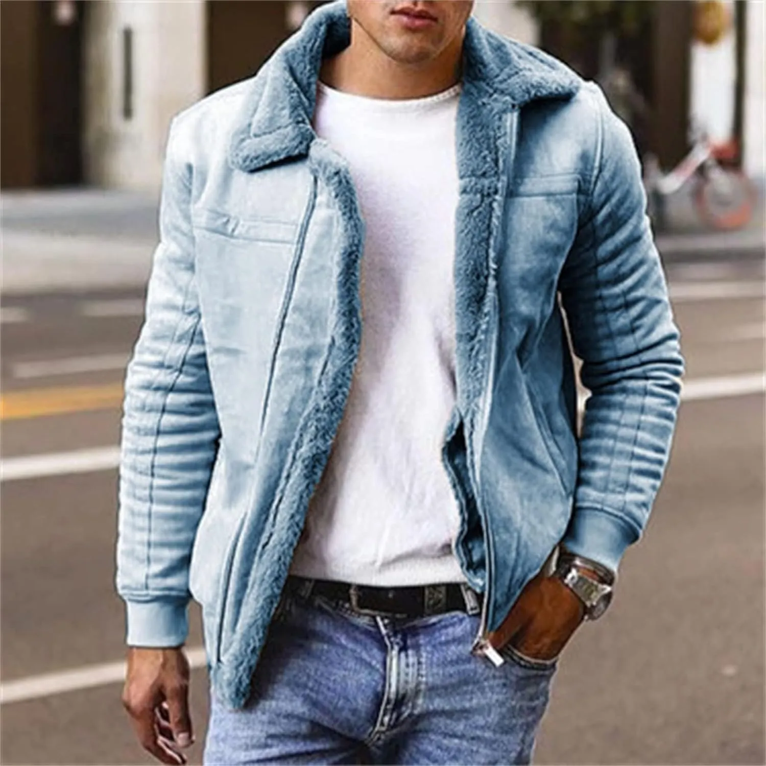 Mens Heavyweight Wool Bomber Jackets Faux Leather Sherpa Lined Vintage Motorcycle Stand Collar Jacket with Pockets