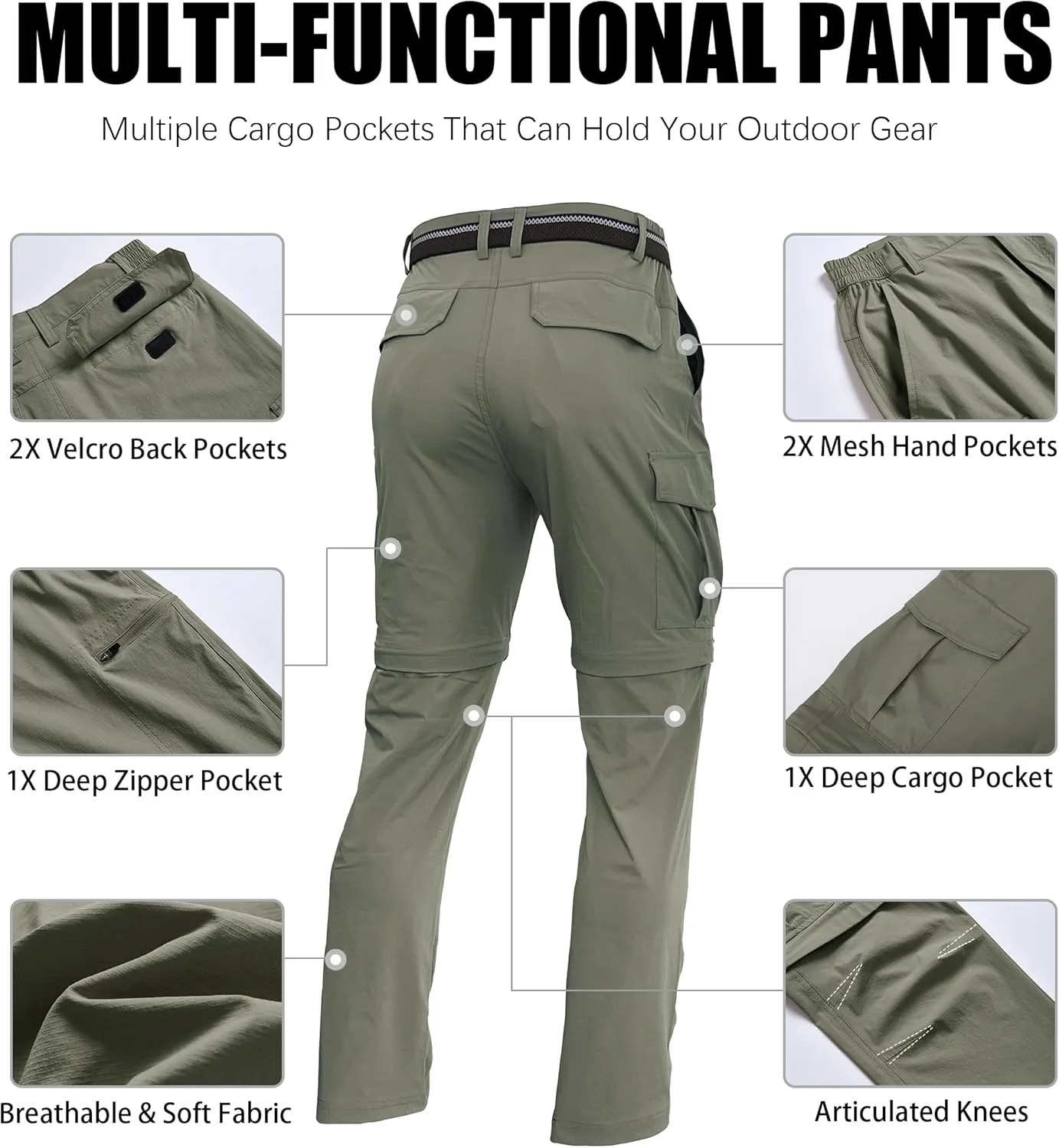 Mens Hiking Convertible Pants Zip Off Quick Dry Lightweight Fishing Safari Travel Camping Outdoor Cargo Pants