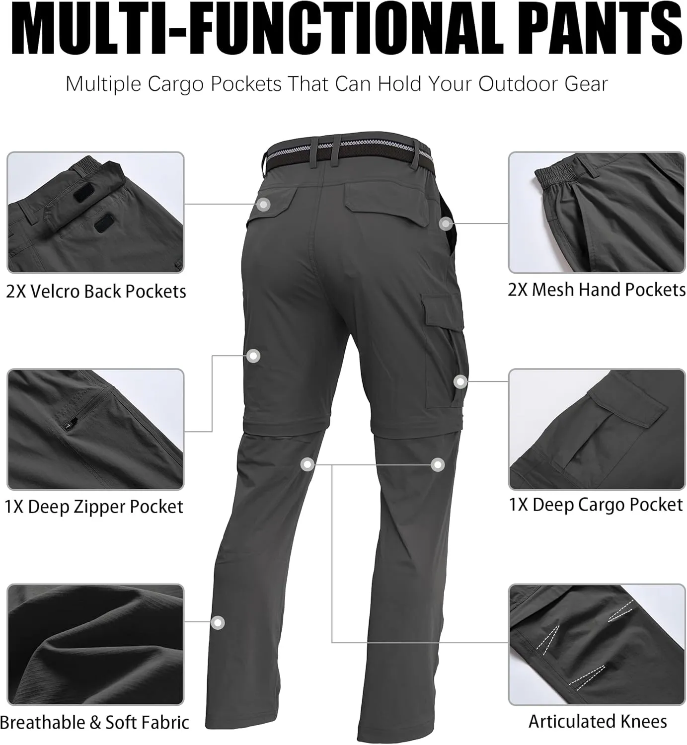 Mens Hiking Convertible Pants Zip Off Quick Dry Lightweight Fishing Safari Travel Camping Outdoor Cargo Pants
