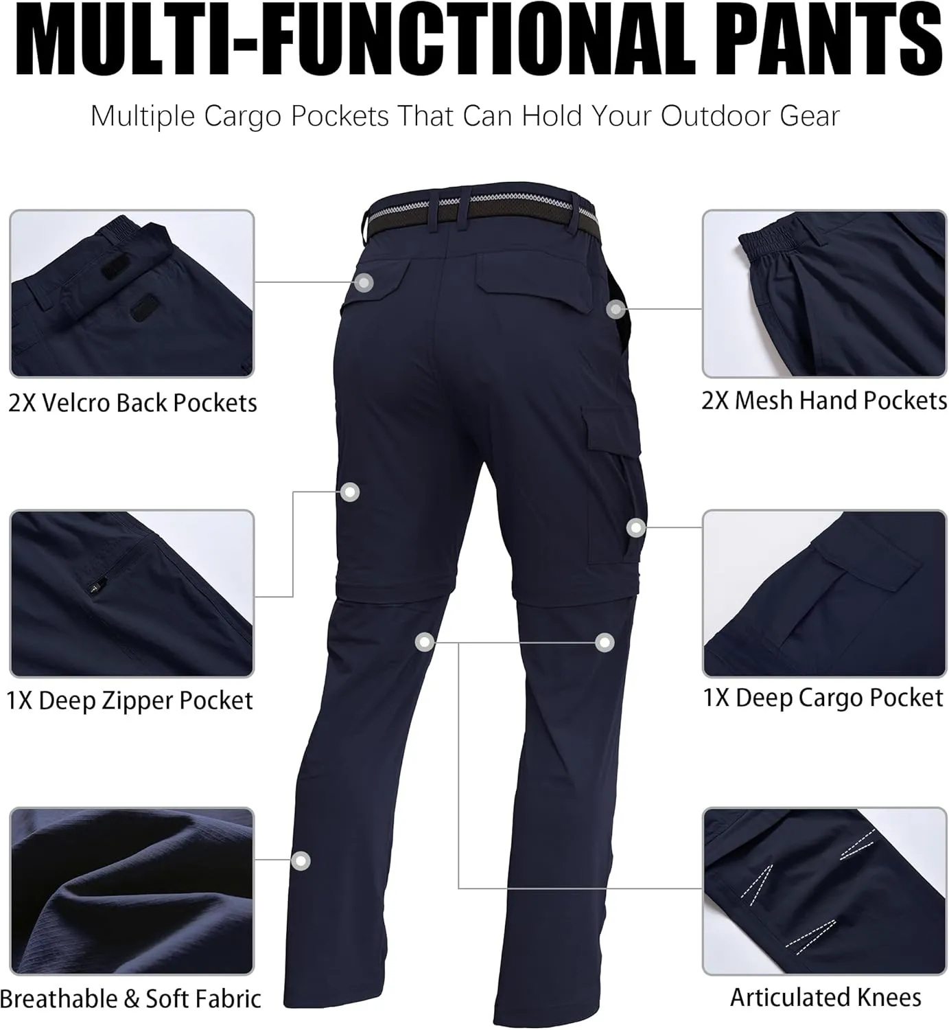 Mens Hiking Convertible Pants Zip Off Quick Dry Lightweight Fishing Safari Travel Camping Outdoor Cargo Pants