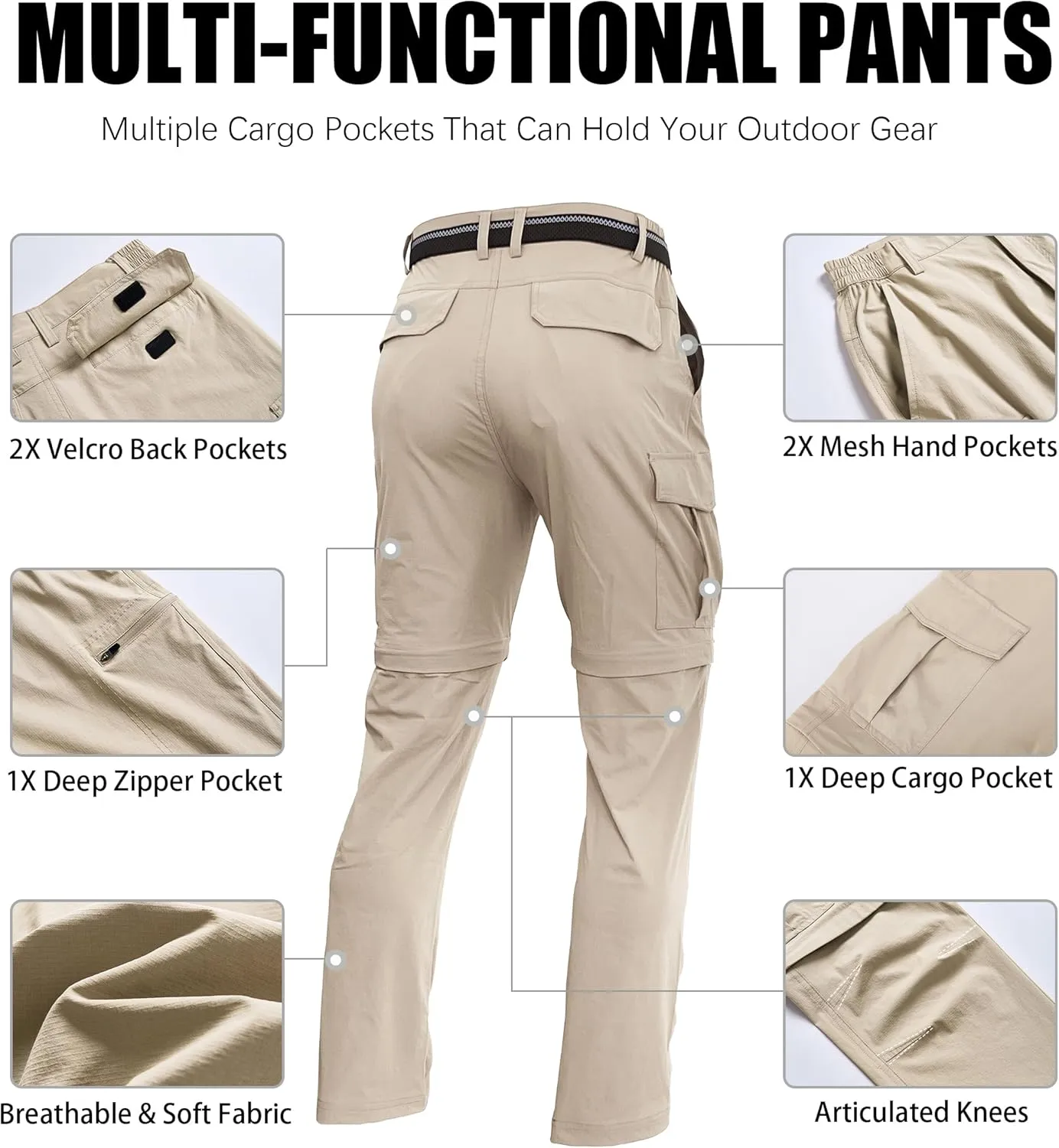 Mens Hiking Convertible Pants Zip Off Quick Dry Lightweight Fishing Safari Travel Camping Outdoor Cargo Pants
