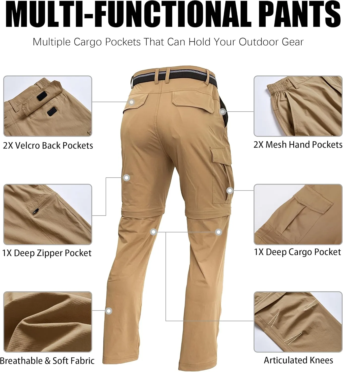 Mens Hiking Convertible Pants Zip Off Quick Dry Lightweight Fishing Safari Travel Camping Outdoor Cargo Pants