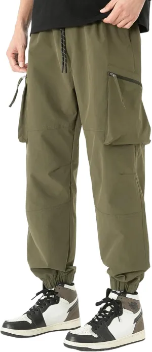 Men's Hiking Outdoor Pants Multi-Pocket Cargo Pants Lightweight Casual Pants Elastic Belt