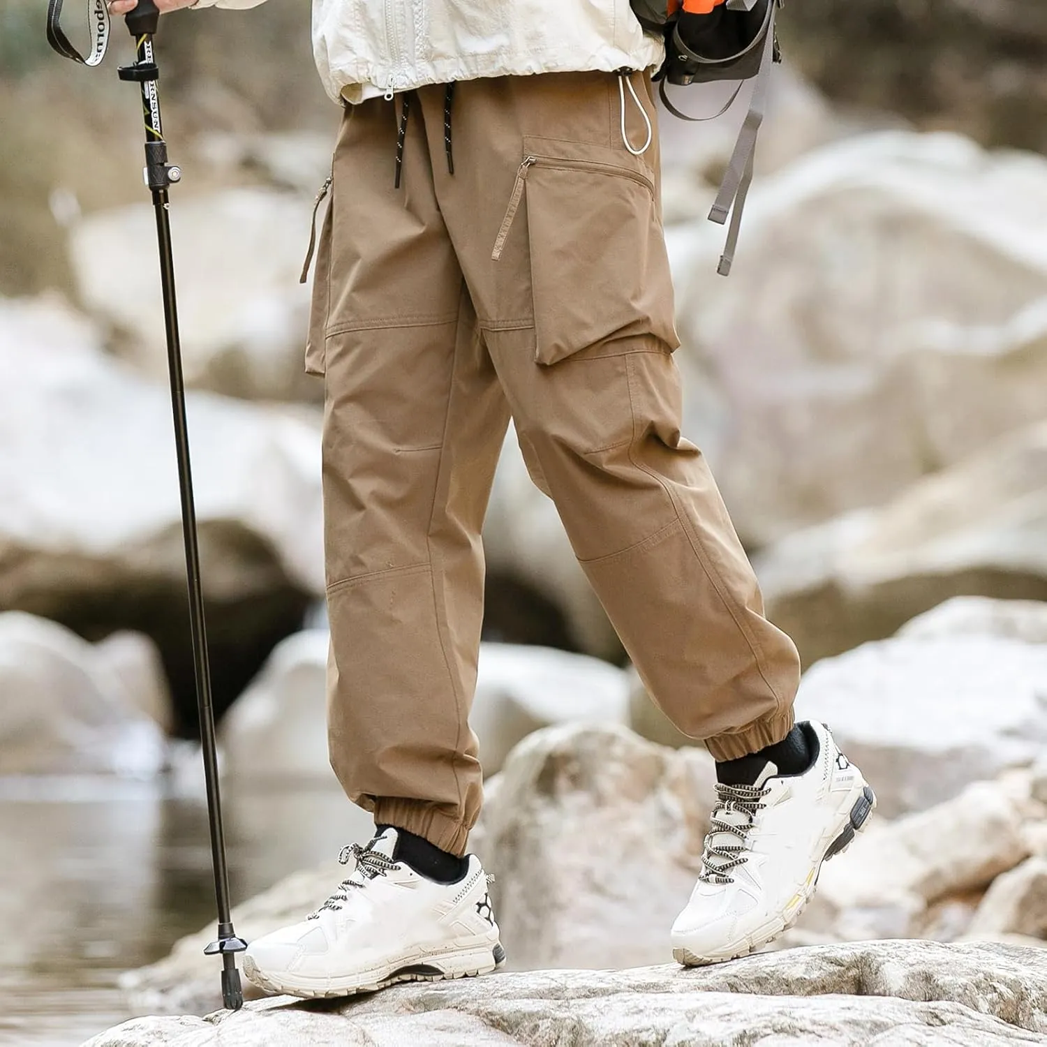 Men's Hiking Outdoor Pants Multi-Pocket Cargo Pants Lightweight Casual Pants Elastic Belt