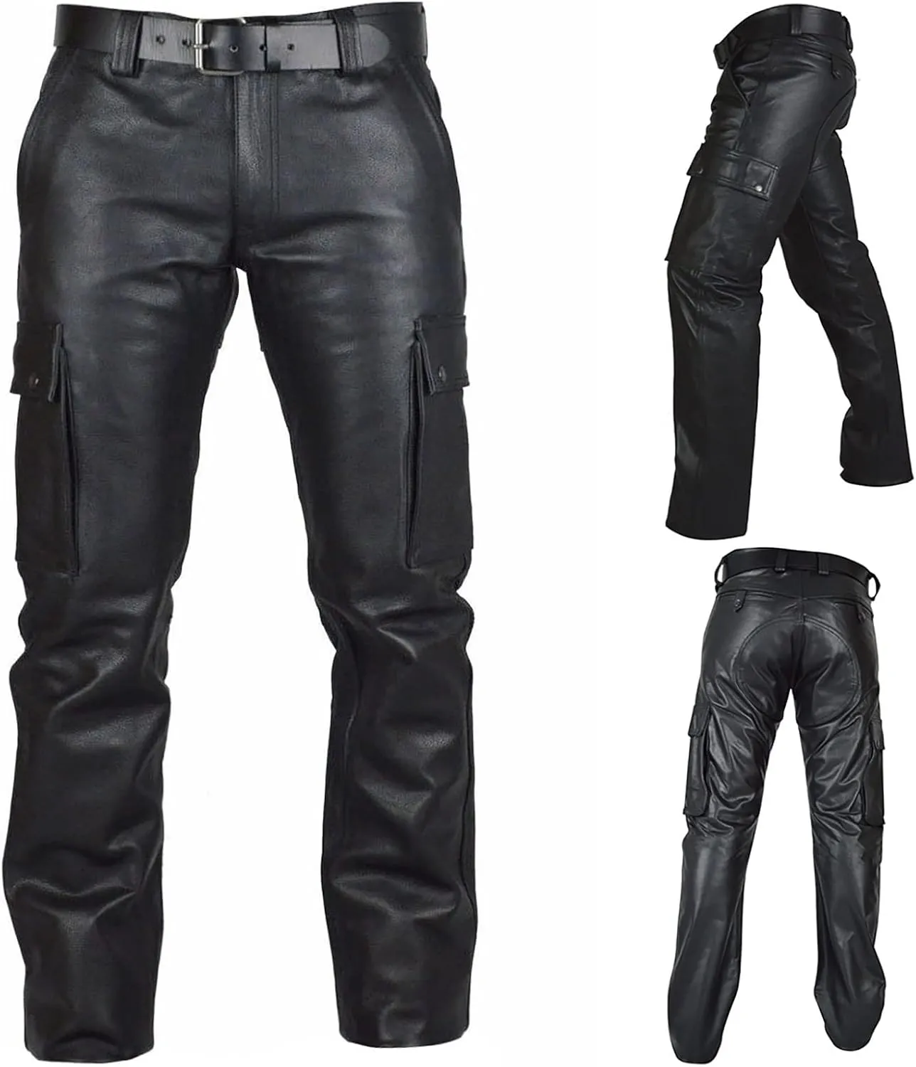Mens Leather Casual Pants Relaxed Fit Stretch Waist Pu Leather Cargo Pants Plus Size Lightweight Comfy Motorcycle Pants