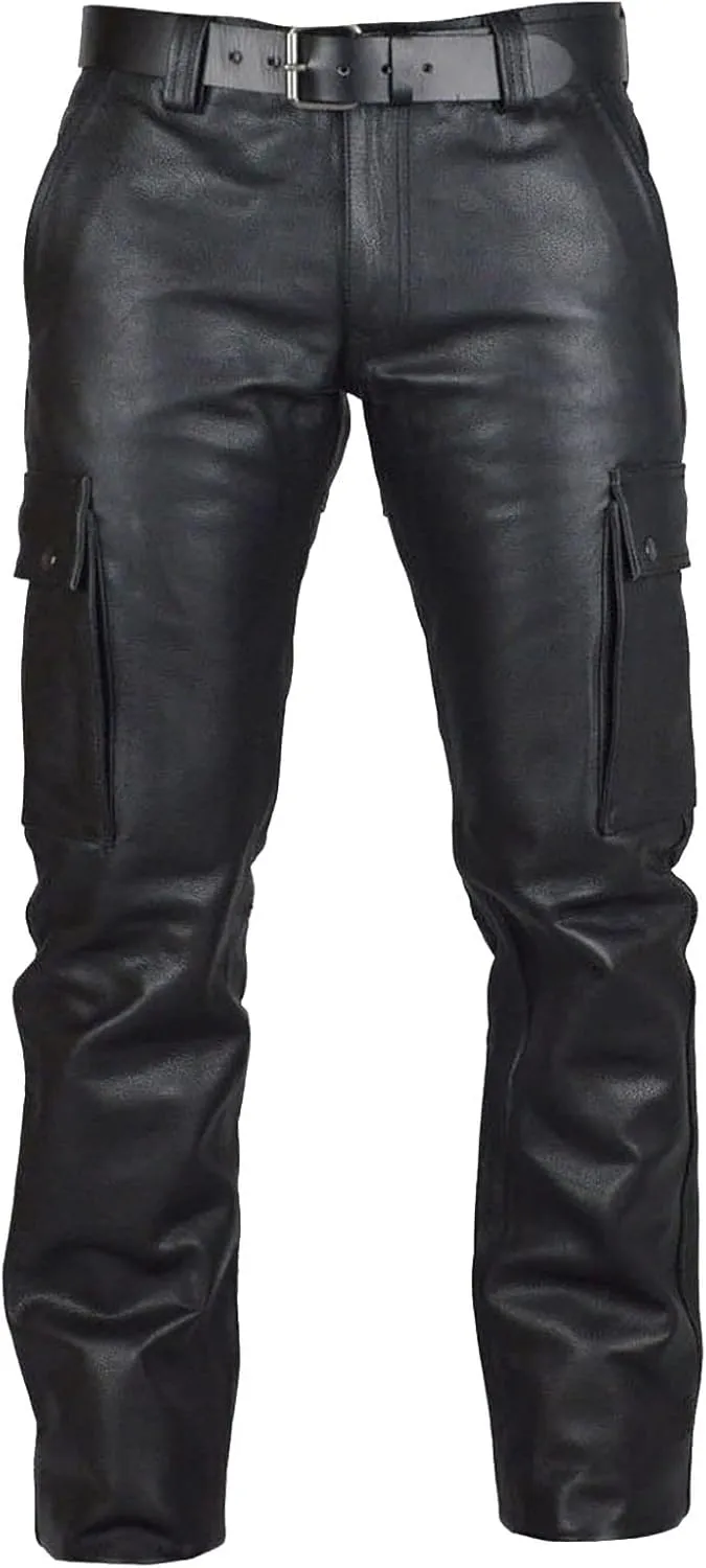 Mens Leather Casual Pants Relaxed Fit Stretch Waist Pu Leather Cargo Pants Plus Size Lightweight Comfy Motorcycle Pants