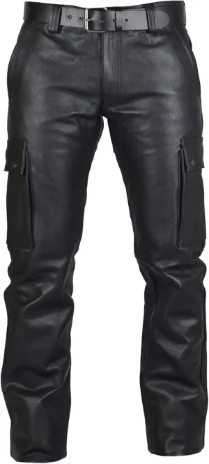Mens Leather Casual Pants Relaxed Fit Stretch Waist Pu Leather Cargo Pants Plus Size Lightweight Comfy Motorcycle Pants